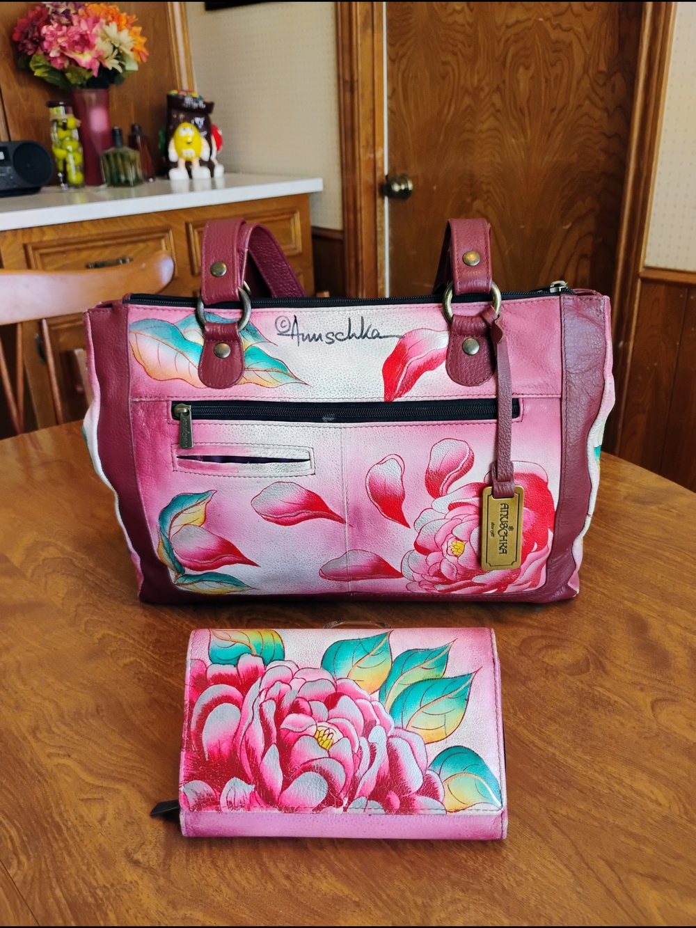 Anushka Anna "Precious Peonies" And Painted Shoulder Purse And Clutch Wallet Duo